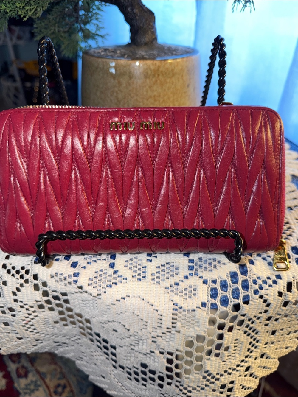 Miu Miu Quilted Red Leather Crossbody with Chain Strap